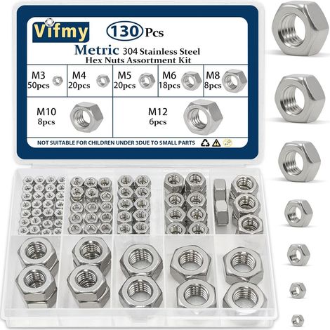 Assortiment de 130 écrous hexagonaux métriques, M3, M4, M5, M6, M8, M10, M12, écrous standard en acier inoxydable 304 (1/5)