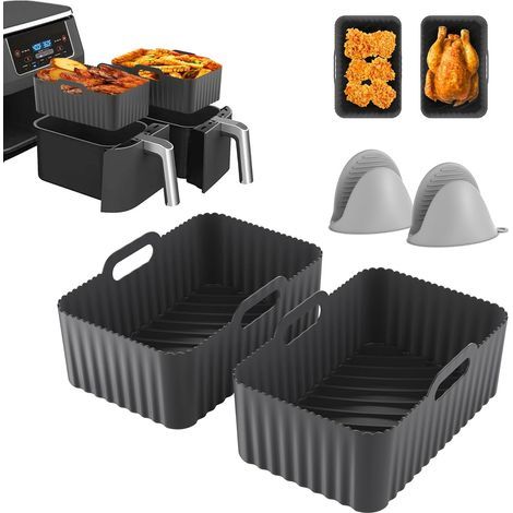 Moules en silicone pour friteuse à air double 7,6 à 10,4 L – Lot de 4 pièces : 2 moules, 2 gants – Circulation d'air optimale – Acier inoxydable et silicone (1/5)