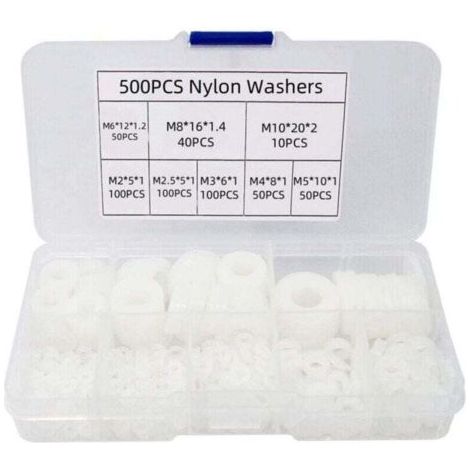 500 pièces rondelle plate en nylon, XU, Rondelle plate isolée joint rond joint d'étanchéité kit d'assortiment de tuyaux-M2/M2.5/M3/M4/M5/M6/M8/M10 (B-Blanc) -