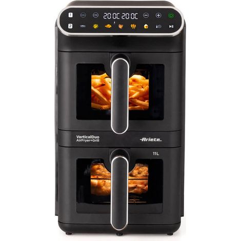 Ariete 4640 Air Fryer Vertical DUO, Friggitrice ad aria doppia verticale, 2460W, 11L, Due cestelli, Sync e Dual, 6 programmi, Funzione Grill, Fino a 200°C
