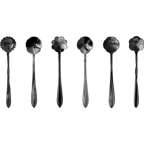 Lot de 6 Cuillères à Café et Dessert en Acier Inoxydable Noir avec Motif Fleurs Assorties - PANGIVO (1/2)