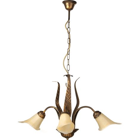 Lustre 3 bras en métal marron avec nuances dorées et verres ambre (1/5)