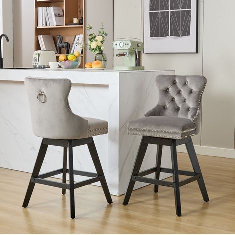 Barhocker drehbar mit Samtbezug und Holzbeinen Grau OKMYHOME (1/5)