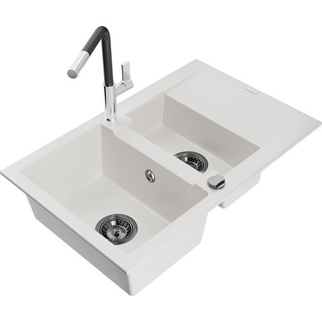 Mexen Gaspar lavello da cucina in granito 1,5 vasche con scolapiatti e rubinetto cucina Flora, bianco - 6507-20-670401-07-B (1/5)