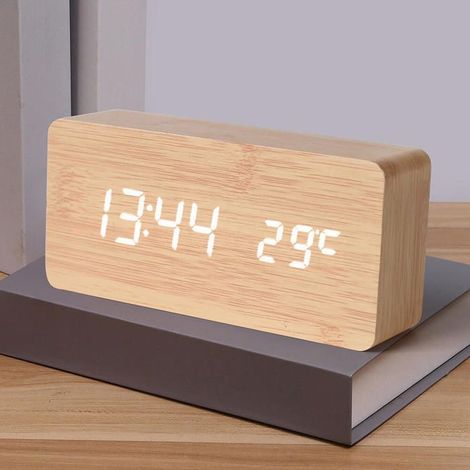 Réveil numérique LED bois bambou AUCUNE, multifonction heure température date alarme mémoire luminosité réglable (1/5)
