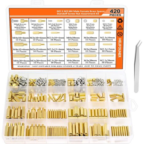 Kit de 420 pièces d’entretoises hexagonales mâle-femelle en laiton, assortiment de colonnettes, vis et écrous pour PCB, carte mère et montage électronique, M2.5 M3 M4