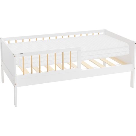 ML-Design Kinderbett 70x140 cm Weiß-Natur mit Matratze, Einzelbett für Kinder mit Lattenrost & Rausfallschutz, Jugendbett aus Kiefernholz, Holzbett Bettgestell für Jungen/Mädchen, Massivholz Babybett