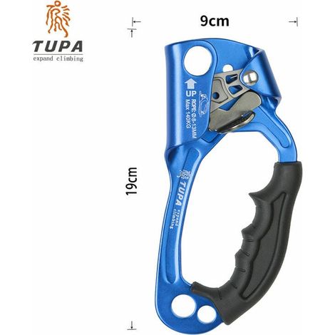 1 Descendeur à main, aluminium, poignée ergonomique, came inox, corde 8-12mm, escalade arbre (1/5)
