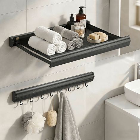 Todeco Sechoir Linge Mural Rétractable avec Étagère Filet & 8 Crochets, Etagere Salle De Bain, Étendoir à Linge Design Pliable (1/5)