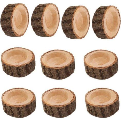 Bougeoir En Bois - Pour Bougies Chauffe-Plat Et Votives - Forme Souche D'Arbre - Lot De 10 Pièces - 5,6 x 5,6 x 1 cm (1/5)