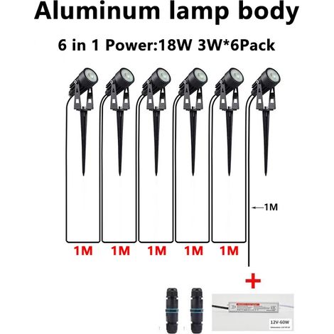 (Blue Light-42T 6in1 18W A) Spots LED basse tension 24 V pour jardin, lot de 6 à 14, étanches IP65 + transformateur, éclairage décoratif extérieur pour cour, terrasse et allée. (1/5)