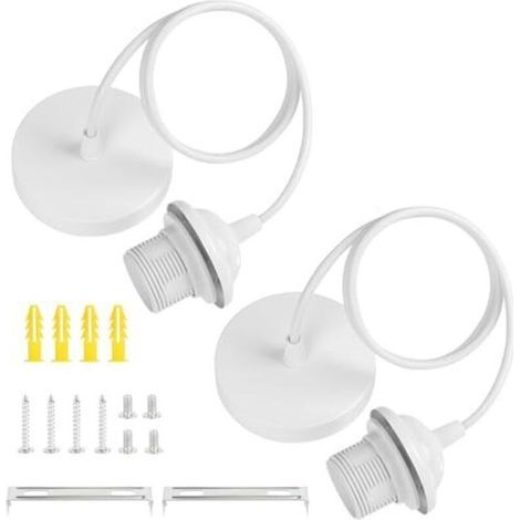 Lot de 2 douilles E27 blanches, suspension pour lampe avec anneau de serrage, douille E27 pour suspension avec câble réglable de 90 cm pour plafond de salon ou salle à manger. (1/5)