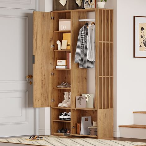 Meuble d'entrée avec 2 Armoires et Miroir, 9 Espaces de Rangement, Porte Abattante, Style Minimaliste, en Panneaux, Naturel, 100×33×190 cm