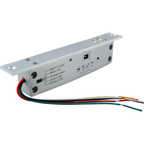 Verrou électrique 5 fils 12 V CC, pêne dormant étroit, avec temporisation et affichage LED pour le contrôle d'accès et le déverrouillage en cas de coupure de courant.