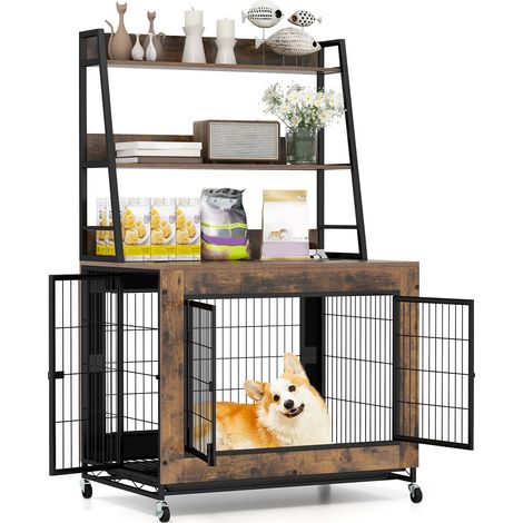 COSTWAY Dog Crate Furniture Industrial Dog Kennel with Storage Shelves-Brown