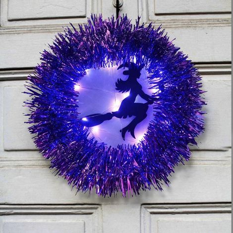 Couronne d'Halloween pré-illuminée de 30 cm avec LED violettes, à piles, pour décorer votre porte d'entrée. Décoration effrayante et pailletée. Idéale pour l'intérieur et l'extérieur. Parfaite pour le