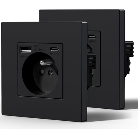 Prise Electrique avec USB et Type C, Prise Murale avec Panneau En Plastique, Alternatif Norme Française 16 Amp 240V 86mm Noir, 2 Paquests (1/5)