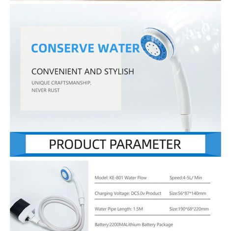 Douche Extérieure Portative Douche Portative D'ABS pour Le Camping Pompe De Douche De Camping Alimentée par Batterie électrique Pommeau De Douche pour L'extérieur (1/5)