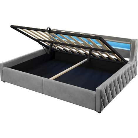 Plattformbett 140 x 200 cm aus grauem Stoff mit hydraulischem Stauraum und LED (1/5)
