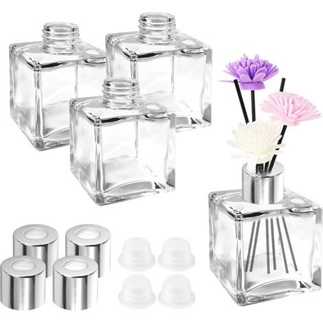 Diffuseur Parfum Maison 4 Pcs Flacon Diffuseur en Verre Bouteille Diffuseur Carré 50ml Diffuseur de Roseau pour Parfum Huile Essentielle Maison Chambre