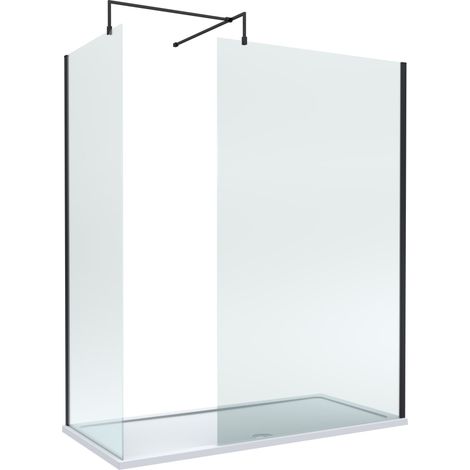 8mm Glass Walk In Wetroom Screens with Matt Black Profile and White Shower Tray - 1700 x 700mm