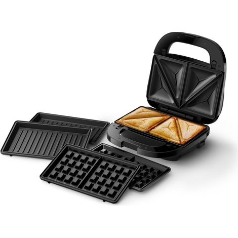 Sandwichera Serie 5000 - 3 juegos de placas para paninis, sándwiches y waffles, placas de parrilla antiadherentes, corte y sellado, potencia de 750 W, color negro (HD2350/80) (1/4)