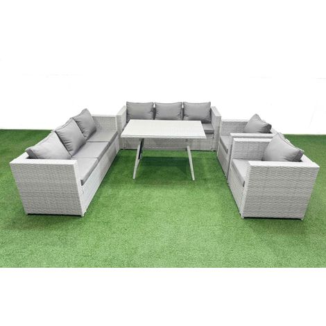 Fimous 8 Seater Garden Furniture Set PE Ratten Garden Sofa Set with Rectangular Dining Table Light Grey (1/4)