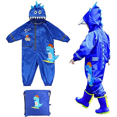 1 Combinaison de pluie, motif dinosaure 3D, bandes réfléchissantes, capuche avec visière, pour enfant (1/5)