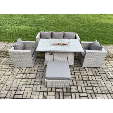 Fimous Outdoor PE Rattan Garden Furniture Gas Fire Pit Dining Table Armchairs With Big Footstool Light Grey (1/5)
