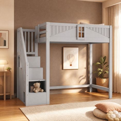Hochbett 90x200 cm grau aus Massivholz mit Fensterdesign, Stauraum und links/rechts montierbarer Leiter (1/5)