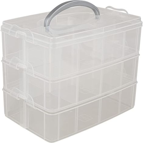 caja de almacenamiento, 3 niveles, 30 compartimentos ajustables, plástico transparente, asa de transporte, para manualidades. (1/5)