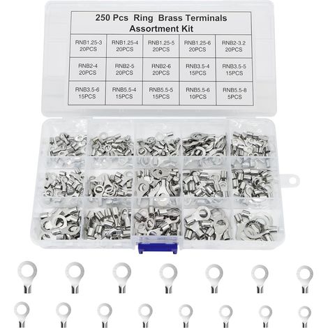 Ensemble de cosses tubulaires en non isolées, assortiment de cosses annulaires, connecteurs pour batteries, pour câbles de 0,5-1,5mm² 1,5-2,5mm², 2,5-4mm², 4-6mm² (O) (1/5)