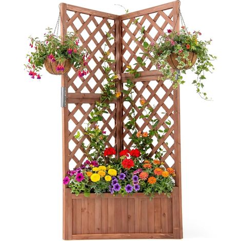 COSTWAY Letto da Giardino Rialzato ad Angolo con Traliccio e Fori di Drenaggio, Fioriera in Legno Elevata per Piante Rampicanti, Fiori e Verdure, Ideale per Interno ed Esterno (Marrone) (1/5)