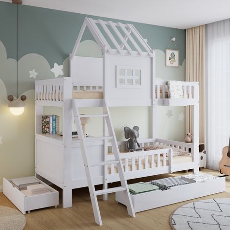 Lit superposé, lit d'enfant, deux tiroirs avec roulettes, beau toit et fenêtre, avec bureau de lecture et panier de rangement, pin + MDF + contreplaqué, Blanc, 90x200cm