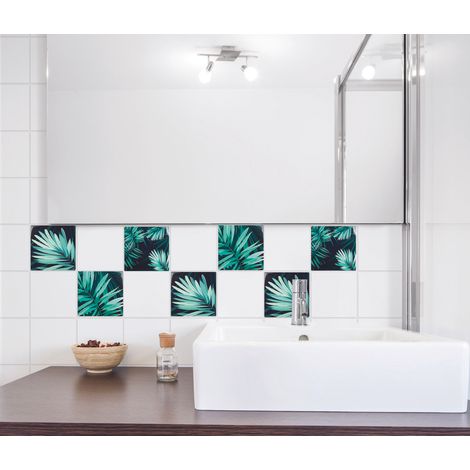 Sticker adhésif déco carrelage 15 cm X 15 cm, feuilles vertes, pour homestaging et décoration intérieure (1/5)