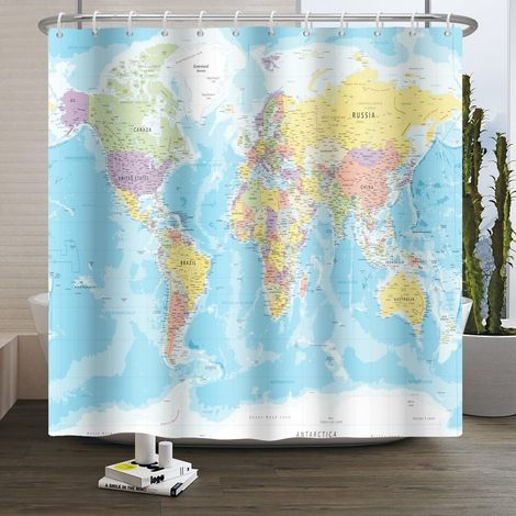 180x198cm Monde Carte Rideau de Douche Pays et Villes Géographie Éducatif Bleu Océan Continents Tissu Étanche pour Salle de Bain avec Crochets (1/5)