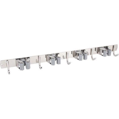Wandmontierter Besen- und Mopphalter aus grauem Edelstahl 304 mit 4 Ablagen und 5 Haken (1/5)