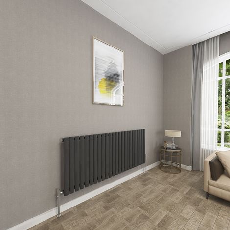 SKY Bathroom 600x1416mm Black Single Oval Column Radiator Horizontal Central Heating Rad