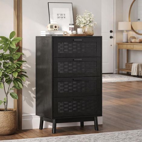 Kommode Rattan mit 4 Schubladen, Holz Sideboard mit stabilen Griffen und Beinen, Schwarz (1/5)