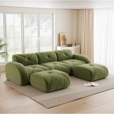 Divano modulare a U 3 posti senza struttura con 2 pouf, ciniglia verde (1/5)