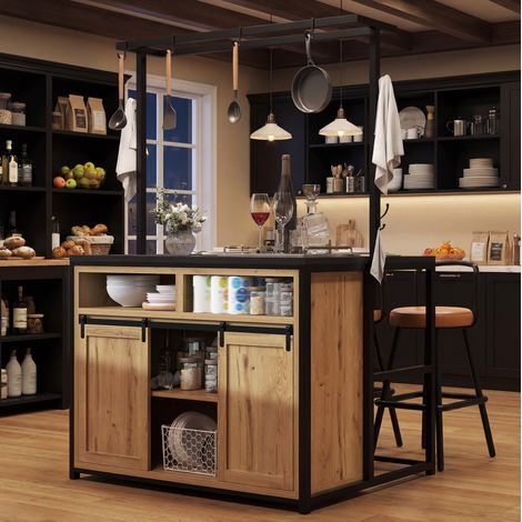 Meuble de cuisine multifonction 107 x 62 x 183 cm avec prises USB, rangements ouverts, portes coulissantes - bois (1/5)