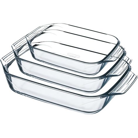Lot de 3 Plats à Four Rectangulaires - Verre Borosilicate - Grandes Poignées - Résistance Thermique - Cuisine Familiale - 3 Tailles Empilables (1/5)