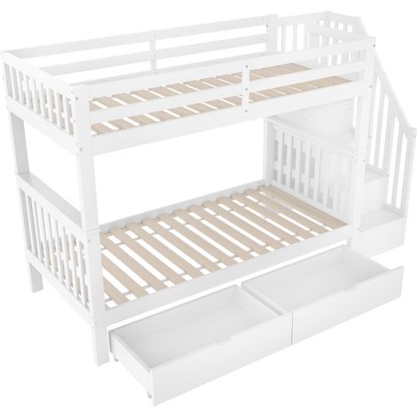 Lit superposé 90 x 200 cm avec escalier de rangement, 2 tiroirs, barrières hautes, blanc (1/5)