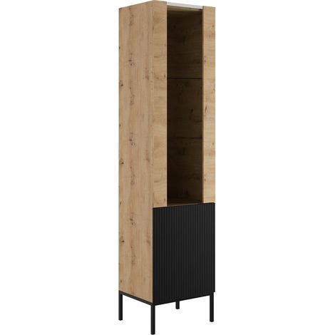 Estantería Lunole 112, Roble Artisan + Negro, Cerrable, Con puertas, Aglomerado laminado, Vidrio, MDF, Número de puertas: 0, Número de cajones: 0, 190x50x42cm