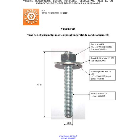 Filet M10X65 Avec Ecrou + Rondelle + GRIFAXE Acier zingué-1 pièce