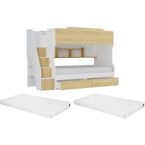 Lit superposé 90 x 190 cm - Avec rangements - Blanc et naturel + Matelas - YALOVA (1/5)