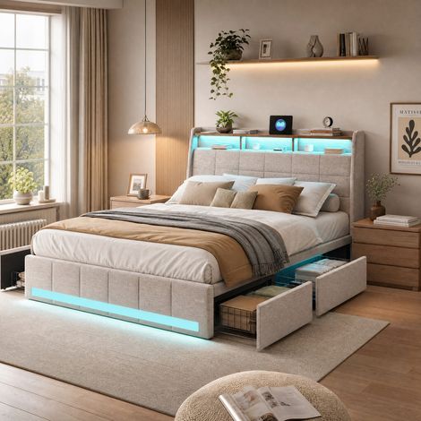 HYTKKBD - Lit Double 140x200 cm avec 4 Tiroirs,Lit Adulte avec Éclairage LED et Ports USB,Cadre de Lit avec Sommier à Lattes,Facile à Assembler,Tissu en Lin - Beige