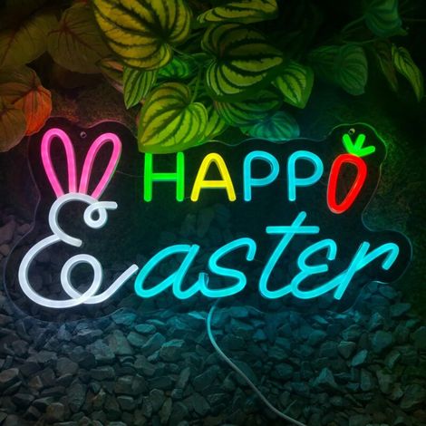Guirlandes lumineuses néon « Joyeuses Pâques », en forme de lapin, intensité variable, idéales pour les murs, les chambres et les fenêtres. (1/5)