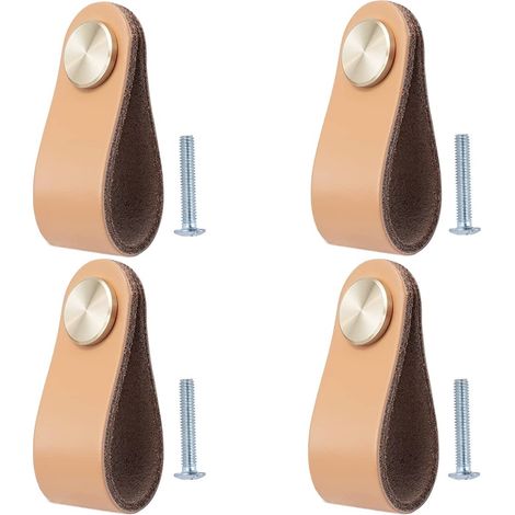 Lot de 4 Poignée Meuble Cuir, Bouton de Portes Placard Poignee Cuir Bouton de Tiroir, Poignee de Meuble Vintage pour Armoires, Commode, Cuisine, Salle de Bain (1/4)