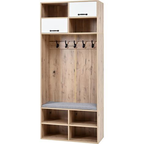 Flurmöbel mit Bank, 5 Haken, 2 Türen und 6 offenen Fächern, weiß/natur, 80x35x185 cm (1/5)